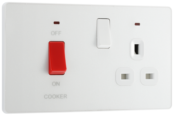 PCDCL70W Front - This Evolve pearlescent white 45A cooker control unit from British General includes a 13A socket for an additional appliance outlet, and has flush LED indicators above the socket and switch.