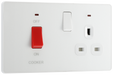 PCDCL70W Front - This Evolve pearlescent white 45A cooker control unit from British General includes a 13A socket for an additional appliance outlet, and has flush LED indicators above the socket and switch.