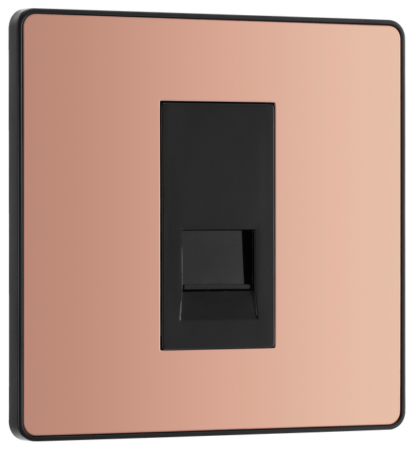 PCDCPBTS1B Front - This Evolve Polished Copper Secondary telephone socket from British General uses a screw terminal connection, and should be used for an additional telephone point which feeds from the master telephone socket. 