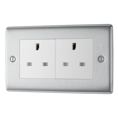 Brushed Steel 2 Gang 13A Unswitched Socket & Surface Pattress Back Box