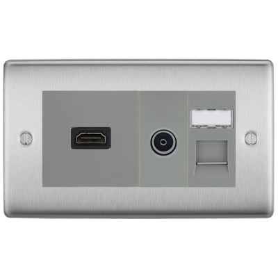 BG Nexus Brushed Steel Media Wall Plate TV Aerial, HDMI & CAT6 Outlet - Grey Insert by British General