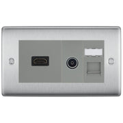 BG Nexus Brushed Steel Media Wall Plate TV Aerial, HDMI & CAT6 Outlet - Grey Insert by British General