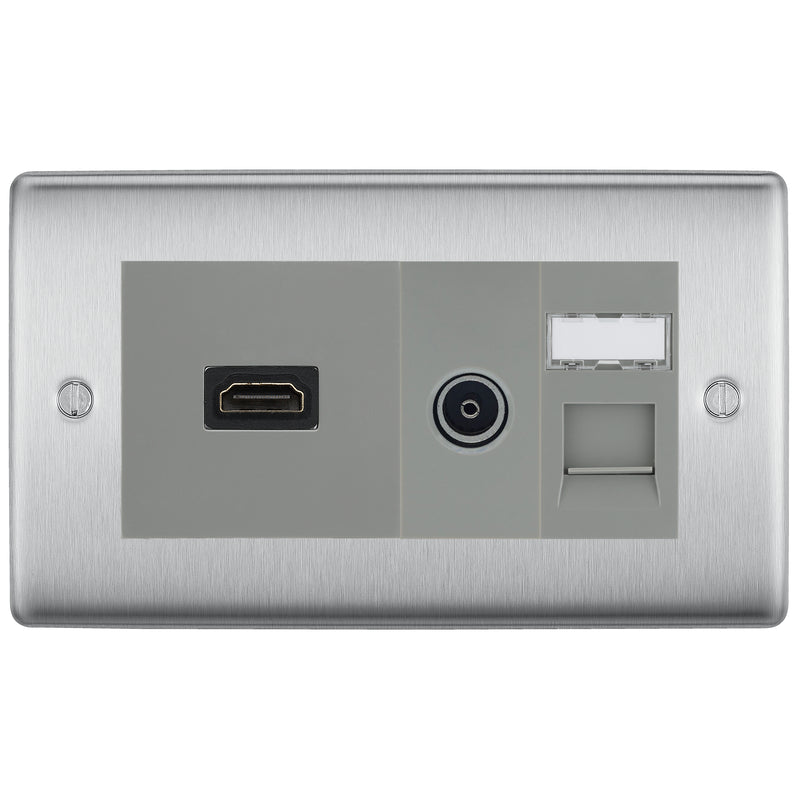 BG Nexus Brushed Steel Media Wall Plate TV Aerial, HDMI & CAT6 Outlet - Grey Insert