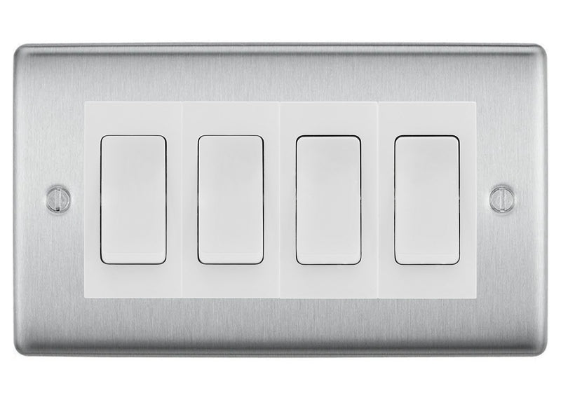 BG Nexus Brushed Steel 4 Gang Intermediate Light Switch Custom Grid - White Insert
