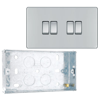 BG Screwless Polished Chrome 20A 16AX 2 Way Quadruple Light Switch FPC44 with 25mm Steel Back Box by British General (BG-FPC44+HGS04)