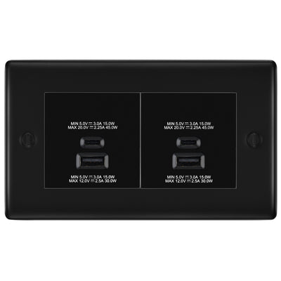 BG Nexus Matt Black 4 Gang Faceplate with 45W USB A+C Charger Modules by British General (BG-NFBEMR4+EMUSBAC45B)