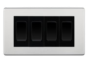 BG Screwless Brushed Steel 4-Gang Light Switch 1x 2-Way + 3x Intermediate – Black Inserts by British General (BG-SCRL-BS-4G-Combo-3x INT-1x 2WAY-BL)