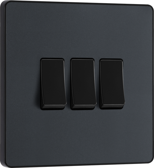 PCDMG43B Front - This Evolve Matt Grey 20A 16AX triple light switch from British General can operate 3 different lights, whilst the 2 way switching allows a second switch to be added to the circuit to operate the same light from another location (e.g. at the top and bottom of the stairs).
