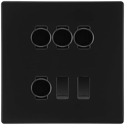 BG Screwless Matt Black 6 Gang Light Switch 4x Trailing Edge LED Dimmer, 1x Intermediate, 1x 2-Way Switch by British General (BG-SCRL-FB-6G-4x-Dimmer-1x-INT-1x-2Way)