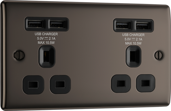 NBN24U44B Front - This 13A double power socket from British General comes with four USB charging ports allowing you to plug in an electrical device and charge mobile devices simultaneously without having to sacrifice a power socket.