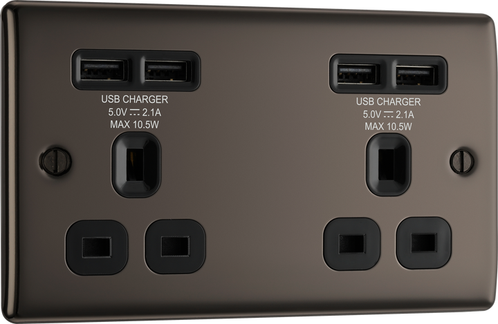 NBN24U44B Front - This 13A double power socket from British General comes with four USB charging ports allowing you to plug in an electrical device and charge mobile devices simultaneously without having to sacrifice a power socket.