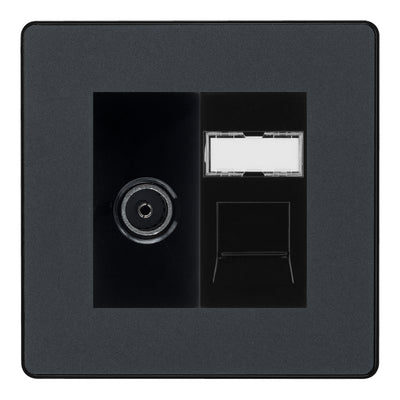 BG Evolve Matt Grey TV Aerial & RJ45 CAT6 Data Socket - Black Insert