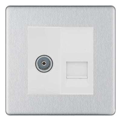BG Screwless Brushed Steel TV Aerial & Master Telephone Socket — White Insert
