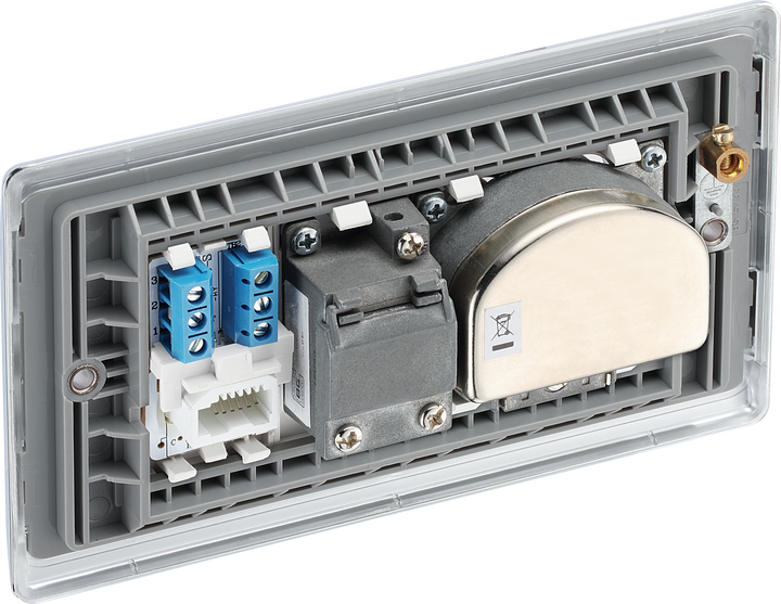 NPC69 Back - This screened Quadplex socket from British General has an outlet for TV FM and 2 satellites, plus a return and shuttered telephone socket.