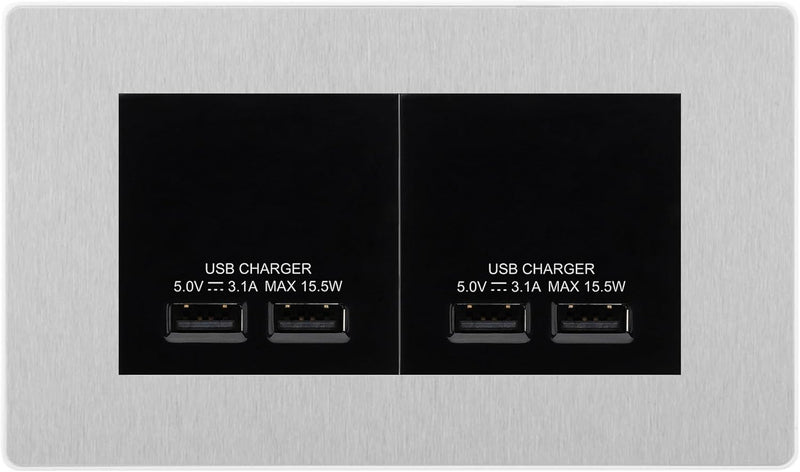 BG Evolve Brushed Steel 4G Euro Plate with 2X USB-A Dual Chargers – Black Insert