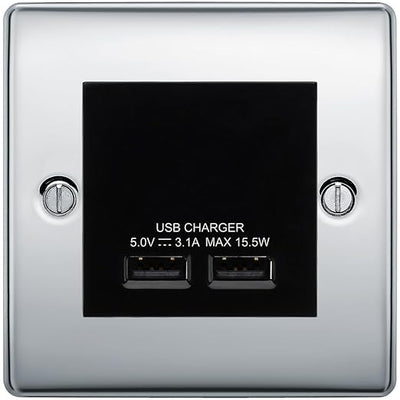 BG Nexus Metal Polished Chrome Dual USB Charger 3.1A Output Socket - Black Insert