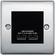 BG Nexus Metal Polished Chrome Dual USB Charger 3.1A Output Socket - Black Insert by British General (BG-NPCEMS2+EMUSB3B)