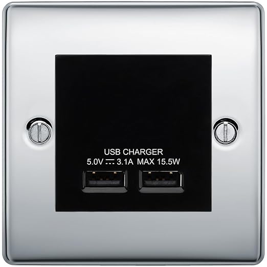 BG Nexus Metal Polished Chrome Dual USB Charger 3.1A Output Socket - Black Insert