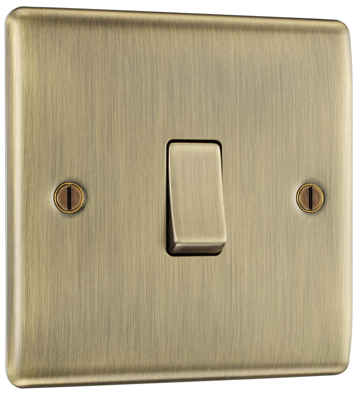 NAB13 Front - This antique brass finish 20A 16AX intermediate light switch from British General should be used as the middle switch when you need to operate one light from 3 different locations such as either end of a hallway and at the top of the stairs.