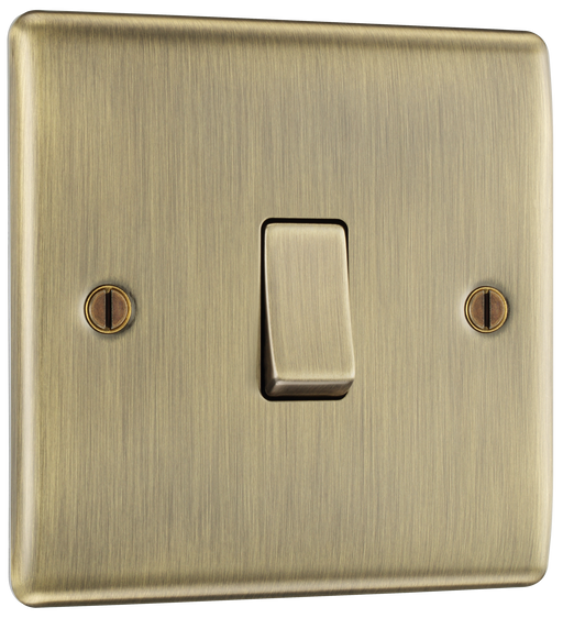 NAB13 Front - This antique brass finish 20A 16AX intermediate light switch from British General should be used as the middle switch when you need to operate one light from 3 different locations such as either end of a hallway and at the top of the stairs.