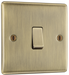 NAB13 Front - This antique brass finish 20A 16AX intermediate light switch from British General should be used as the middle switch when you need to operate one light from 3 different locations such as either end of a hallway and at the top of the stairs.