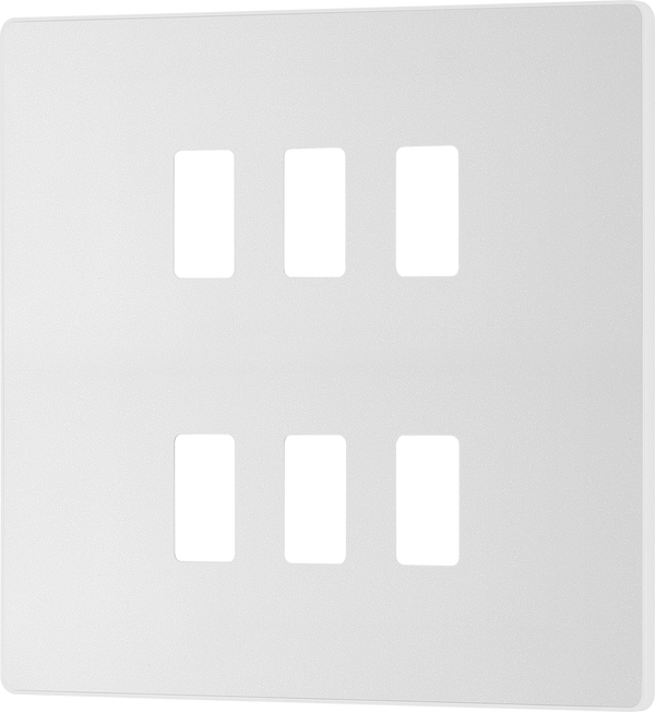 RPCDCL6W Front - The Grid modular range from British General allows you to build your own module configuration with a variety of combinations and finishes. This pearlescent white finish Evolve front plate clips on for a seamless finish, and can accommodate 6 Grid modules - ideal for commercial applications.