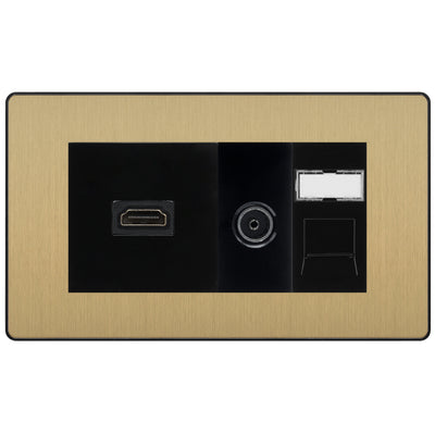 BG Evolve Media Wall Plate — TV Aerial, HDMI & CAT6 | Satin Brass Screwless