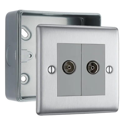 BG Nexus Brushed Steel Double Isolated Co-Axial Socket & Surface Pattress Back Box by British General (BG-NBS63+MC501)