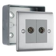BG Nexus Brushed Steel Double Isolated Co-Axial Socket & Surface Pattress Back Box by British General (BG-NBS63+MC501)
