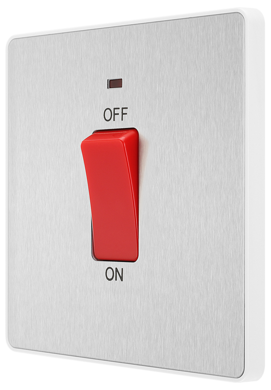 PCDBS74W Side - This Evolve Brushed Steel 45A double pole switch with indicator from British General is ideal for use with cookers and ovens.