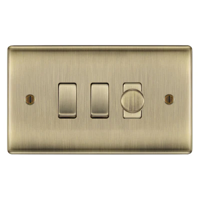 BG Nexus Antique Brass 3 Gang Switch 1x Trailing Edge LED Dimmer 2x Intermediate Custom Grid Switch by British General (BG-Nexus-AB-3G-CUSTOM-1x-Dimmer-2x-INT)