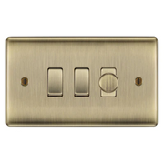 BG Nexus Antique Brass 3 Gang Switch 1x Trailing Edge LED Dimmer 2x Intermediate Custom Grid Switch by British General (BG-Nexus-AB-3G-CUSTOM-1x-Dimmer-2x-INT)