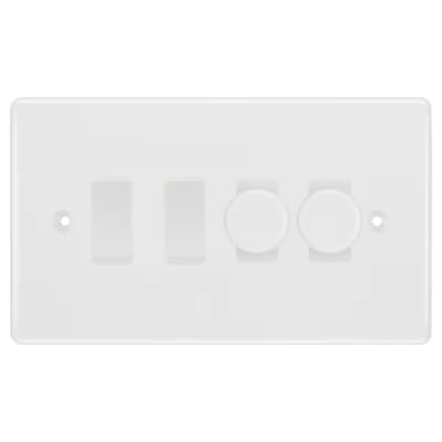 BG Nexus White Moulded 4 Gang Switch 2x Trailing Edge LED Dimmer 2x Intermediate Custom Grid Switch by British General (BG-Nexus-WM-4G-CUSTOM-2x-Dimmer-2x-INT)