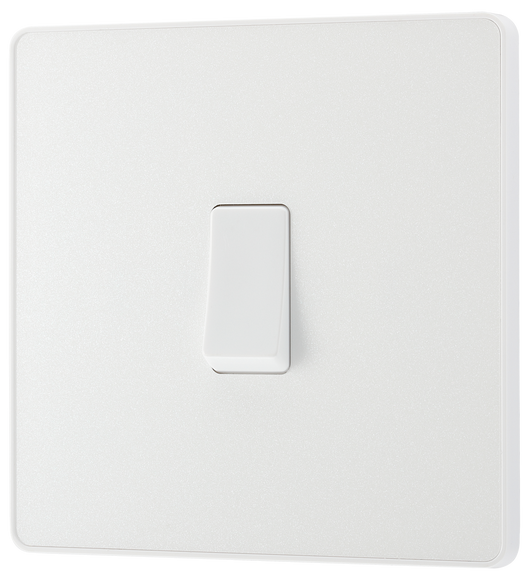 PCDCL12W Front - This Evolve pearlescent white 20A 16AX single light switch from British General will operate one light in a room.