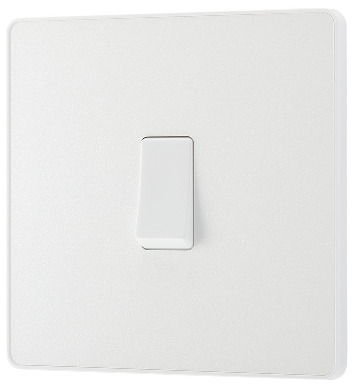 PCDCL12W Front - This Evolve pearlescent white 20A 16AX single light switch from British General will operate one light in a room.