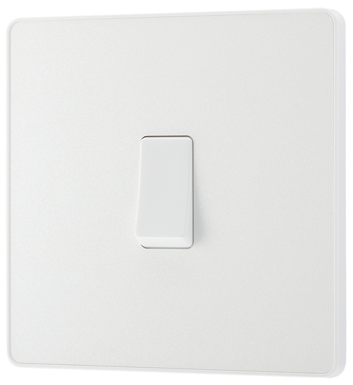 PCDCL12W Front - This Evolve pearlescent white 20A 16AX single light switch from British General will operate one light in a room.