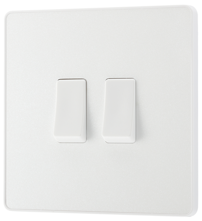  PCDCL42W Front - This Evolve pearlescent white 20A 16AX double light switch from British General can operate 2 different lights, whilst the 2 way switching allows a second switch to be added to the circuit to operate the same light from another location (e.g. at the top and bottom of the stairs).