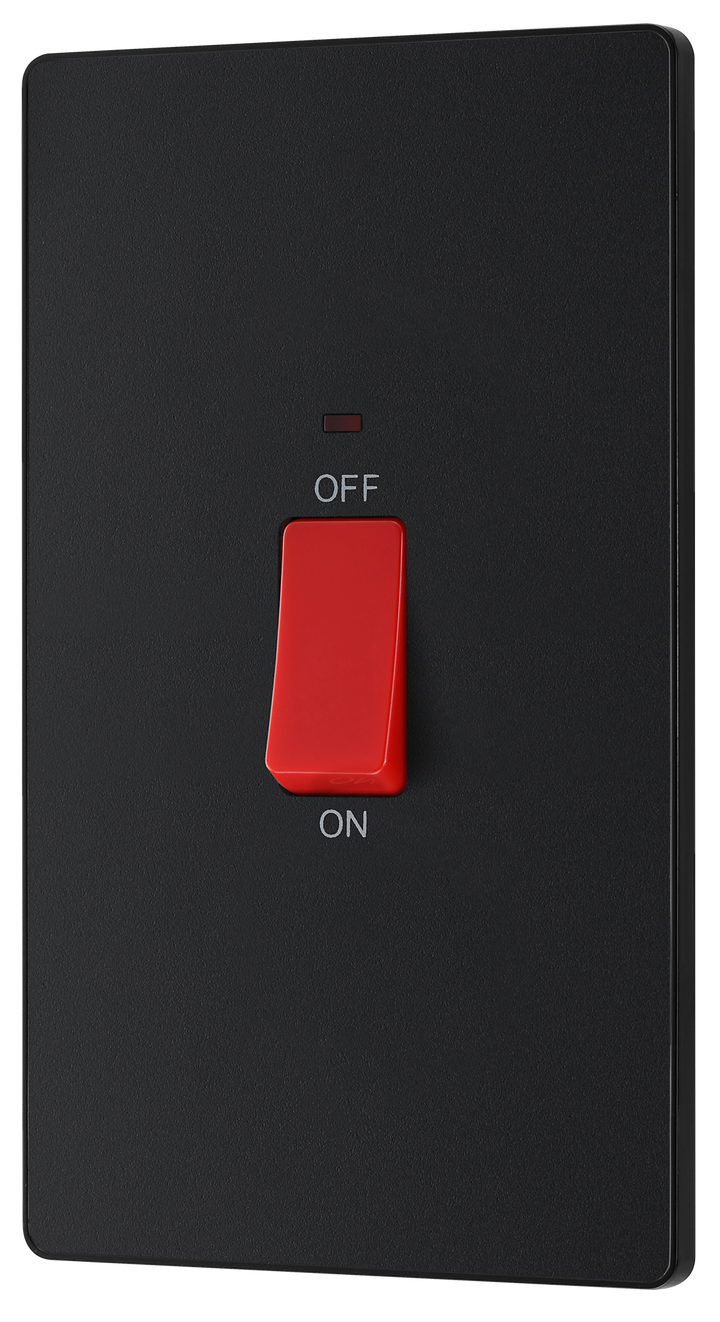 PCDMB72B Front - This Evolve Matt Black 45A double pole switch with indicator from British General is ideal for use with cookers and has a large mounting plate measuring 146mm high x 86mm wide.