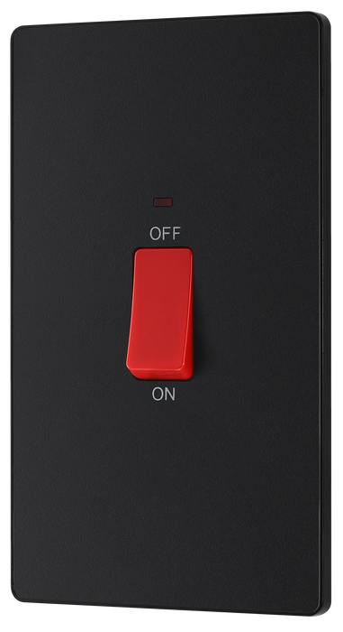 PCDMB72B Front - This Evolve Matt Black 45A double pole switch with indicator from British General is ideal for use with cookers and has a large mounting plate measuring 146mm high x 86mm wide.