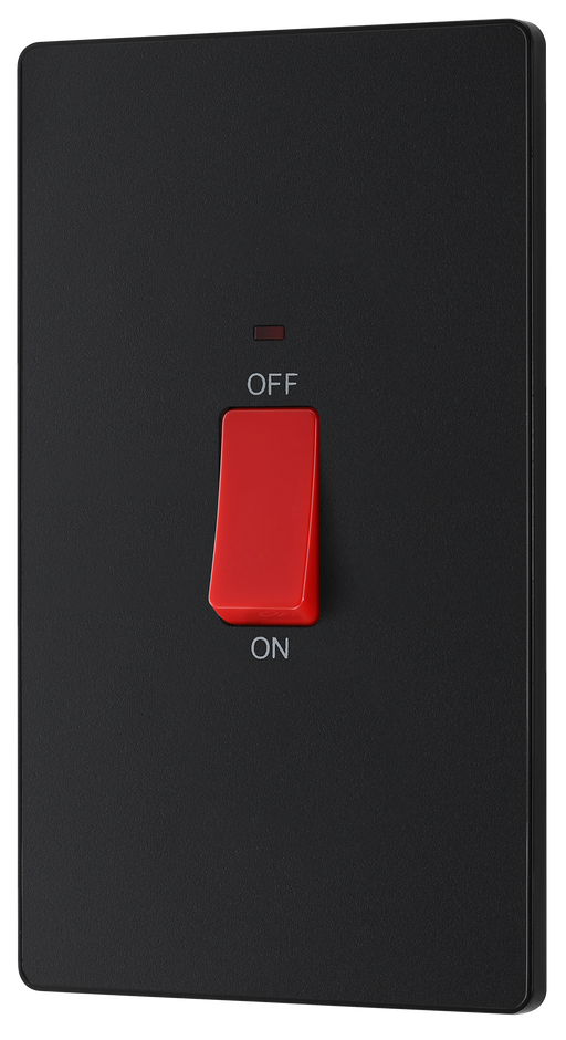 PCDMB72B Front - This Evolve Matt Black 45A double pole switch with indicator from British General is ideal for use with cookers and has a large mounting plate measuring 146mm high x 86mm wide.
