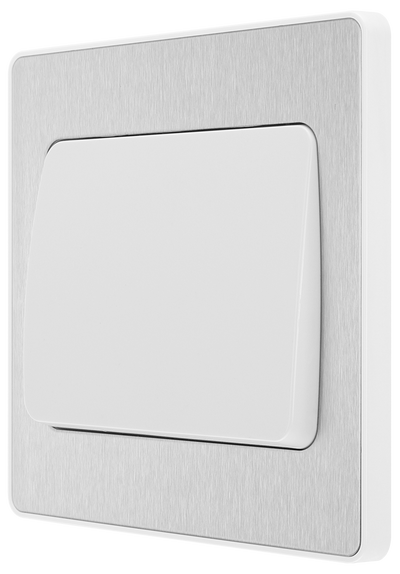 BG PCDBS12WW Brushed Steel Evolve 1 Gang 20A 16AX 2 Way Wide Rocker Light Switch - White Insert