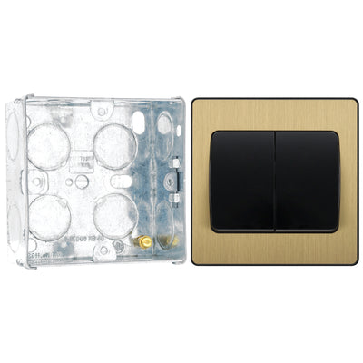 BG Evolve Satin Brass 2G Wide Rocker Light Switch PCDSB42WB with 35mm Steel Back Box