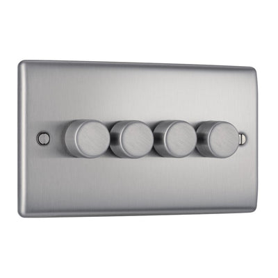 BG Nexus Brushed Steel 200W 2-Way 4 Gang Trailing Edge Push Dimmer & Surface Pattress Back Box