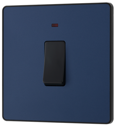 PCDDB31B Front -This Evolve Matt Blue 20A double pole switch with indicator from British General has been designed for the connection of refrigerators, water heaters, central heating boilers and many other fixed appliances.