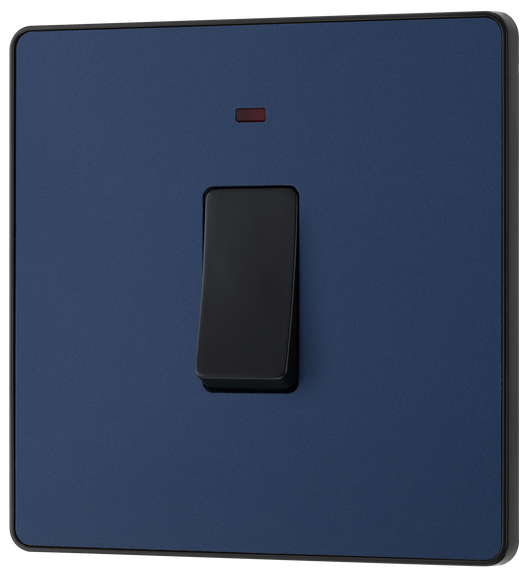 PCDDB31B Front -This Evolve Matt Blue 20A double pole switch with indicator from British General has been designed for the connection of refrigerators, water heaters, central heating boilers and many other fixed appliances.