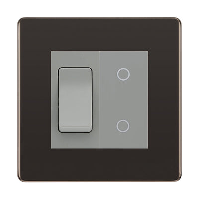 BG Black Nickel Screwless 2 Gang Custom Switch 1x 2 Way Switch 1x Master Touch Dimmer Grey Inserts by British General (BG-SL-BN-2G-1x-2WAY-SWITCH-1x-MTD-GI)