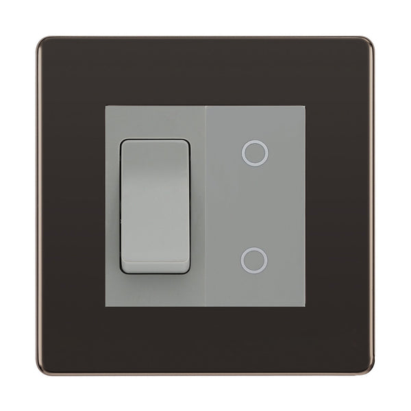 BG Black Nickel Screwless 2 Gang Custom Switch 1x 2 Way Switch 1x Master Touch Dimmer Grey Inserts