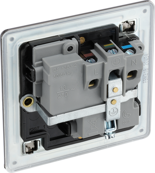FBN21B Back - This Screwless Flat plate black nickel finish 13A single switched socket from British General has a sleek flat profile that clips on and off for a screwless premium finish with no visible plastic around the switch.
