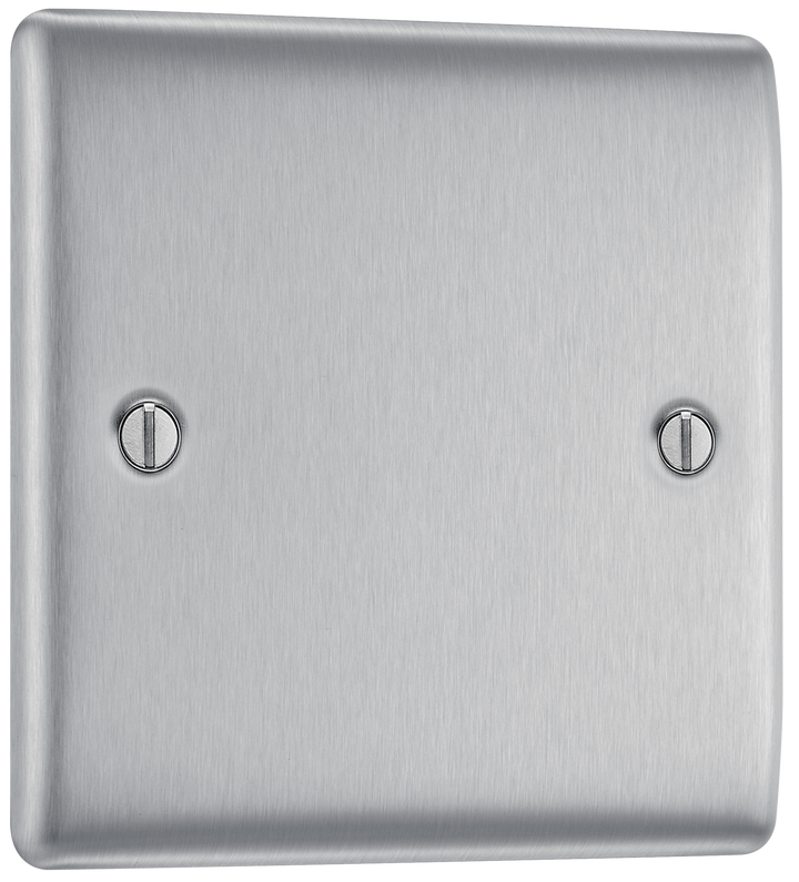 NBS94 Front - This premium brushed steel finish single blank plate from British General is ideal for covering unused electrical connections and has a sleek and slim profile, with softly rounded edges and an anti-fingerprint lacquer to reduce unsightly fingerprint marks.