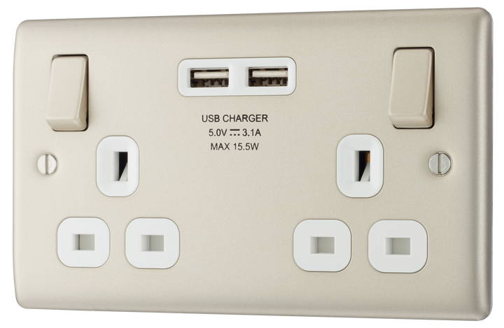 NPR22U3W Front - This 13A double power socket from British General comes with two USB charging ports allowing you to plug in an electrical device and charge mobile devices simultaneously without having to sacrifice a power socket.